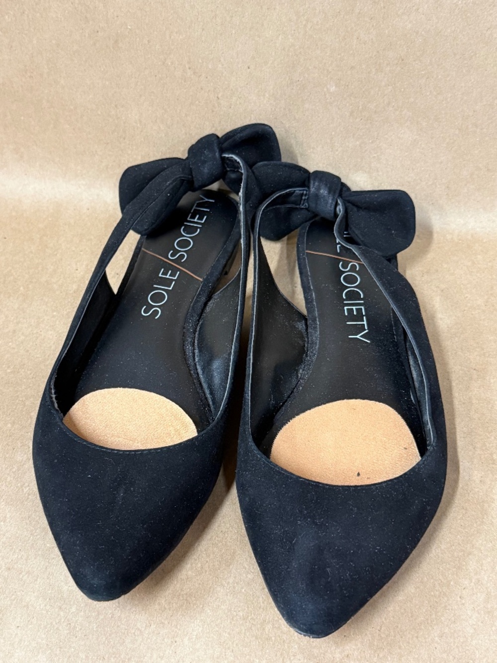 Black Suede flat sling back with bow at the heel